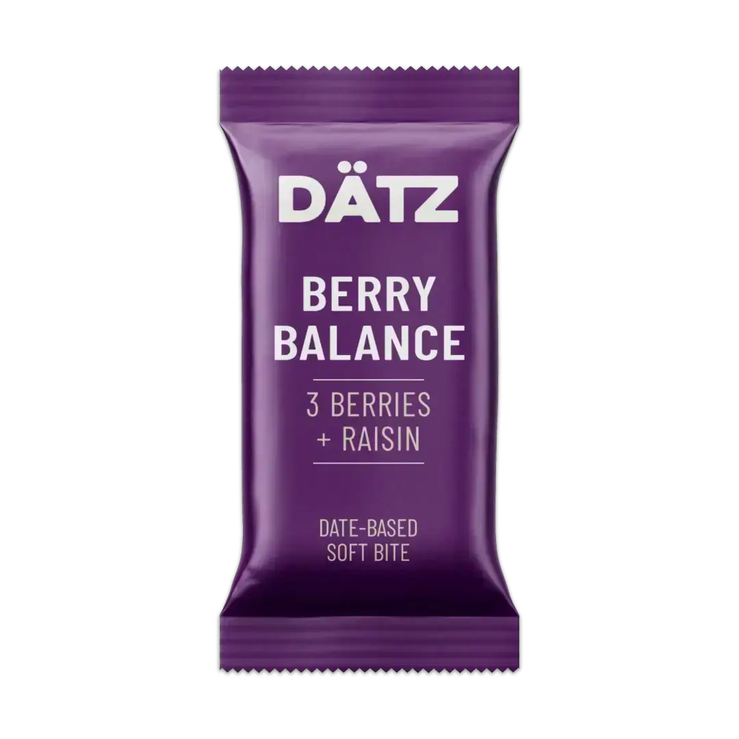 Purple Dätz berry balance snack bar with packaging on a white background