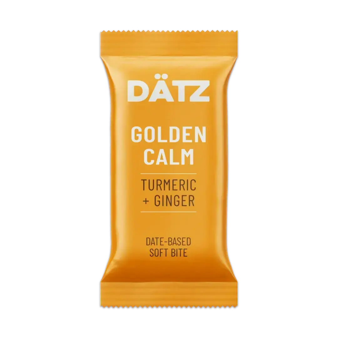Dätz Golden Calm turmeric ginger snack bar packaging on a white background