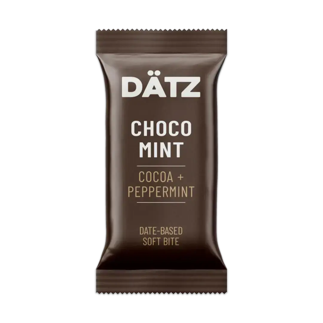 Dätz Choco Mint cocoa and peppermint snack bar packaging on a white background