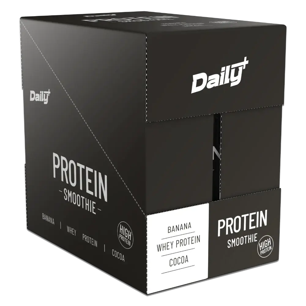 Black box of Daily Protein Smoothie with branding and product details.