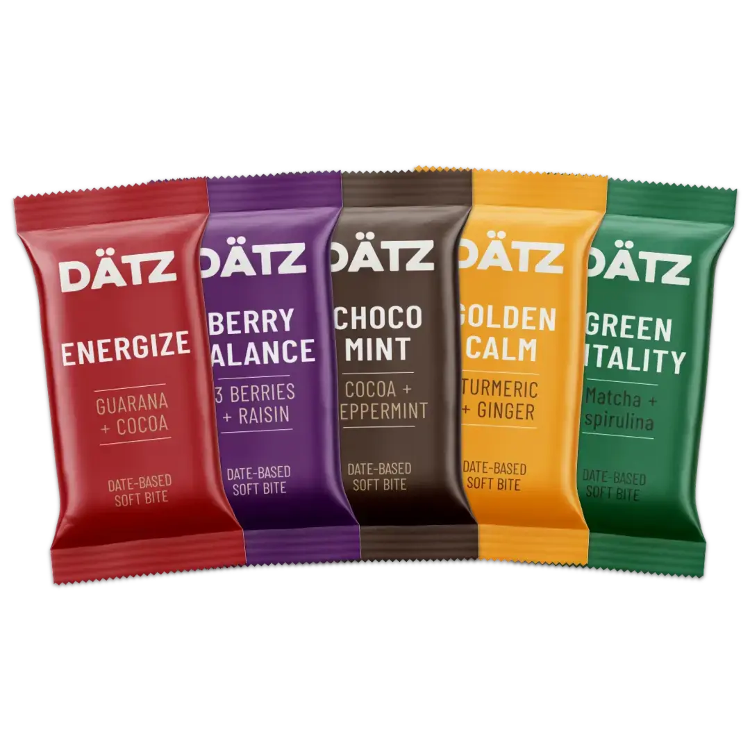 Five Dätz bars in different flavors on a white background.