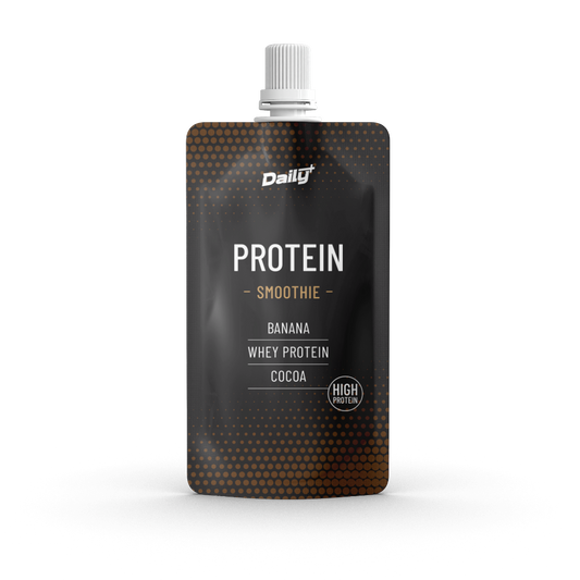 Protein smoothie pouch with 'Daily+' branding on a white background