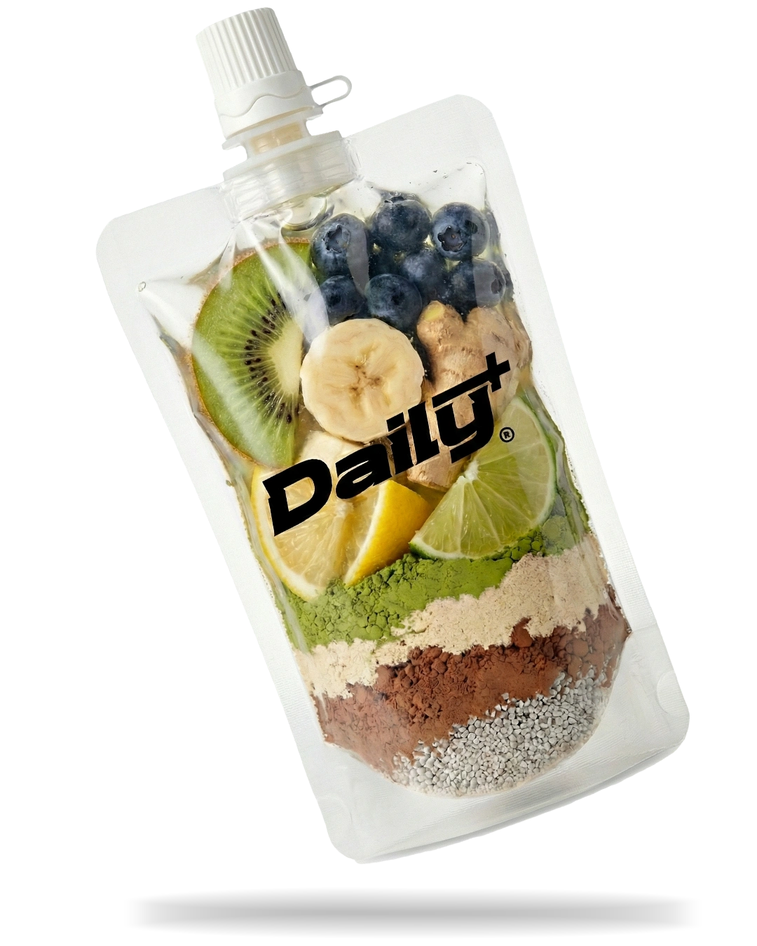 Morning smoothie pouch for adults. showcasing benefits of the pratical daily+ pouch.
